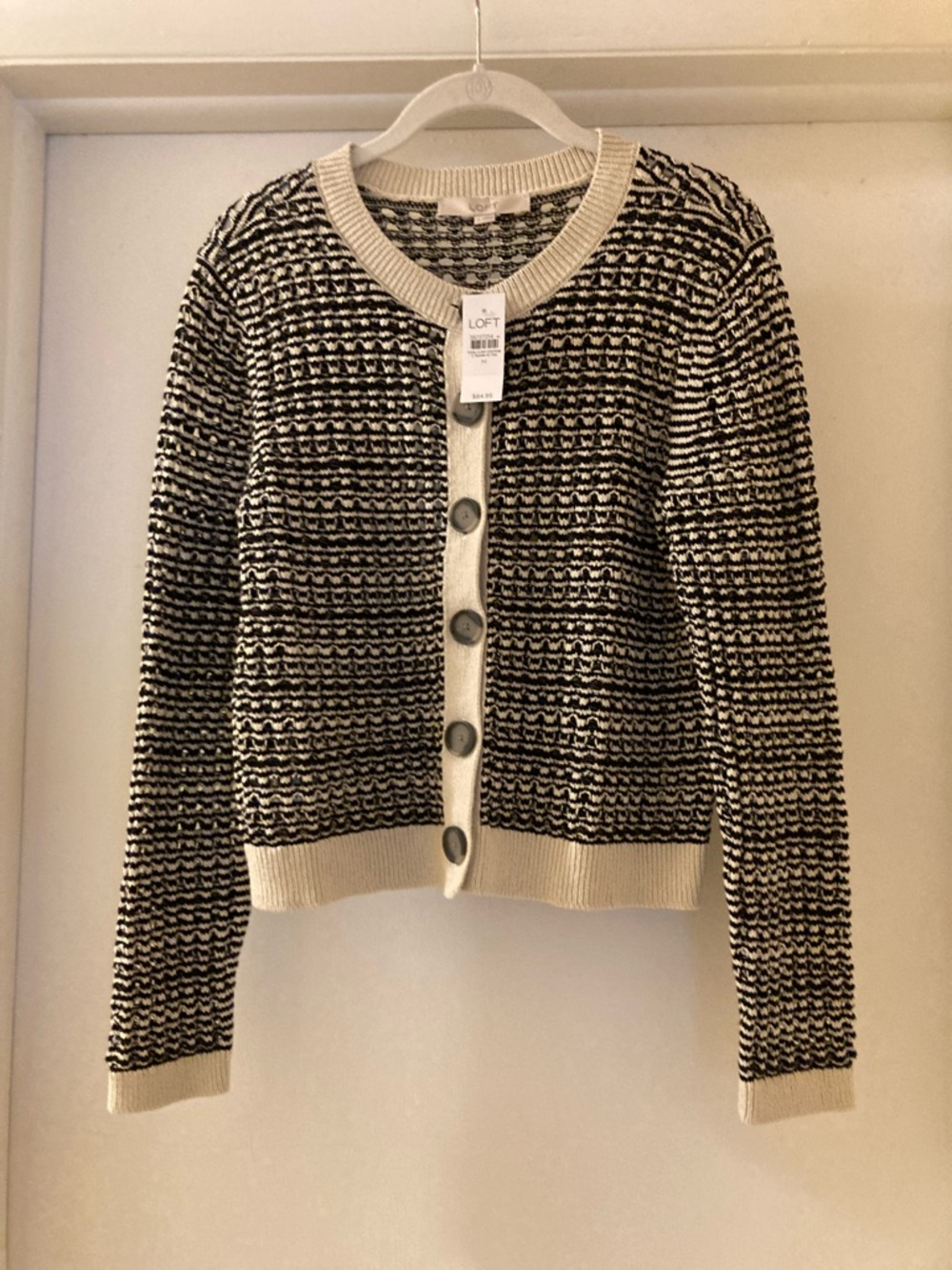 LOFT Black and Cream Button-Front Knit Cardigan